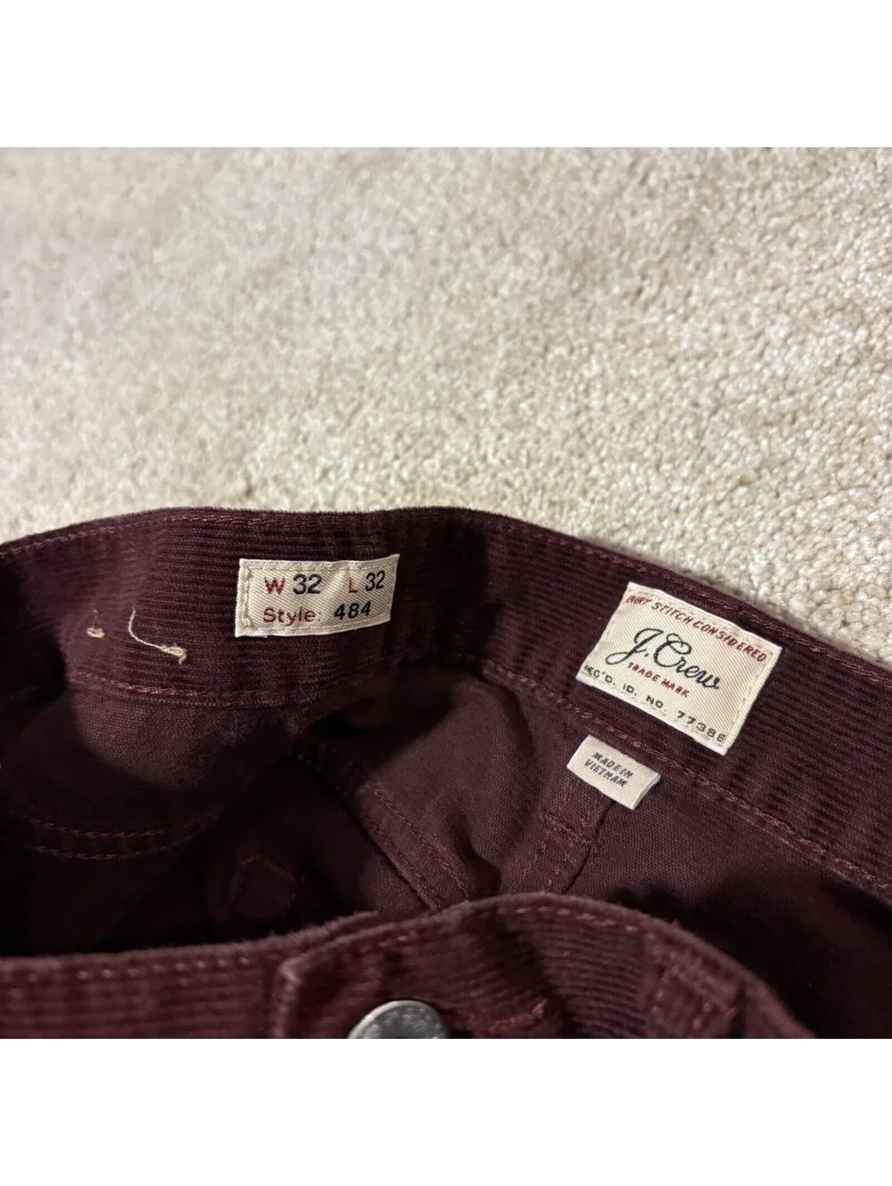 J Crew Mens 484 Slim Straight Corduroy Pants Burgundy Maroon Preppy, Sz 32x32